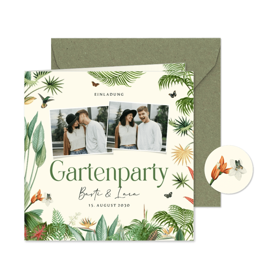 Foto-Einladungskarte Gartenparty tropische Pflanzen - Karteneindruck