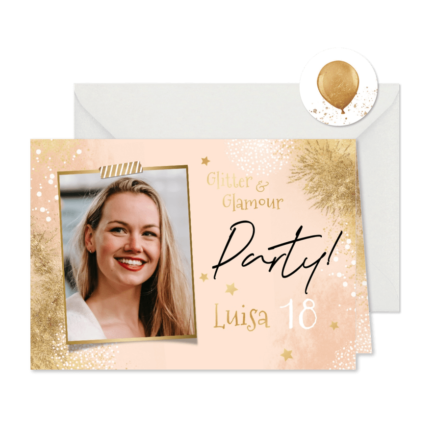 Foto-Einladungskarte 'Glitter & Glamour' Geburtstagsparty  - Karteneindruck
