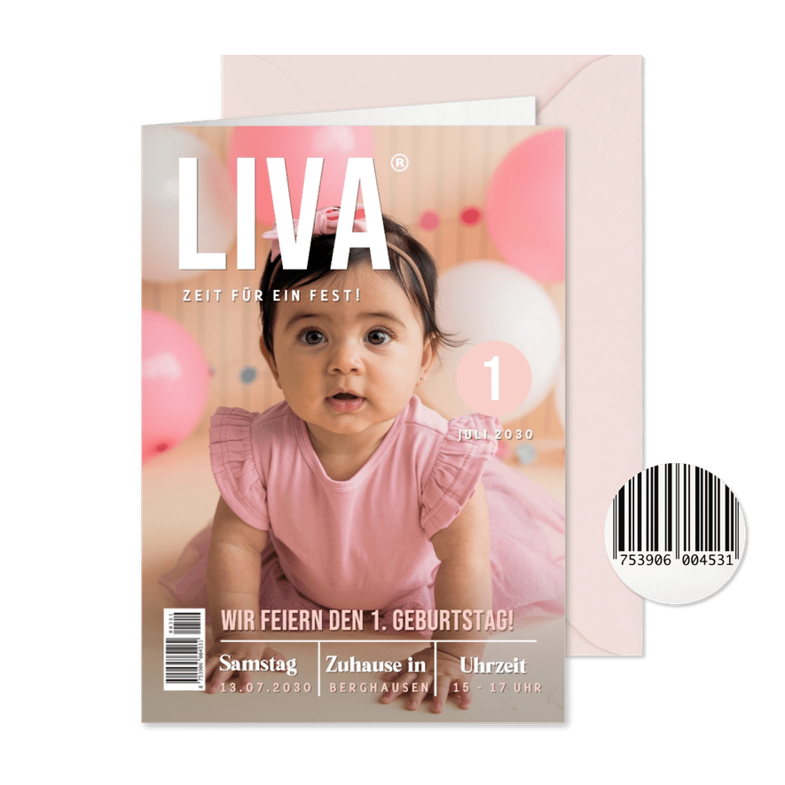 Foto-Einladungskarte Kindergeburtstag 1 Jahr Zeitschrift - Karteneindruck