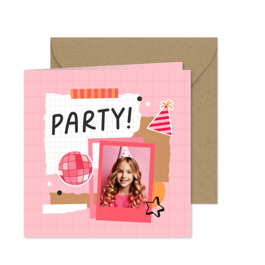 Foto-Einladungskarte Kindergeburtstag Scrapbook Discokugel - Karteneindruck