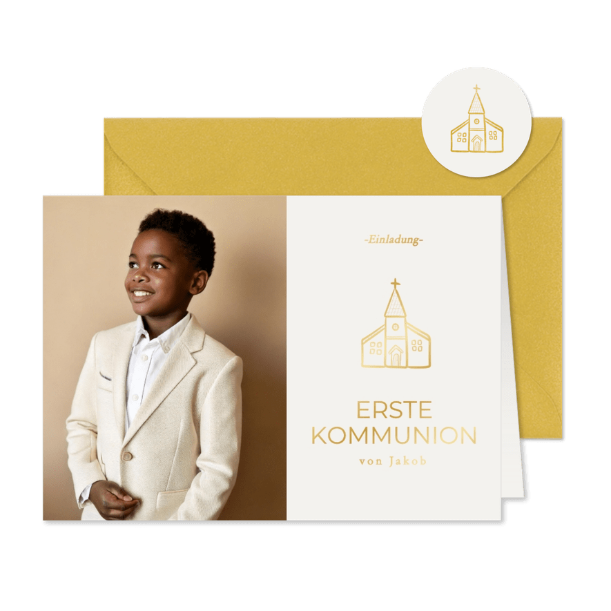 Foto-Einladungskarte Kommunion goldene Kirche - Kartenvorschau