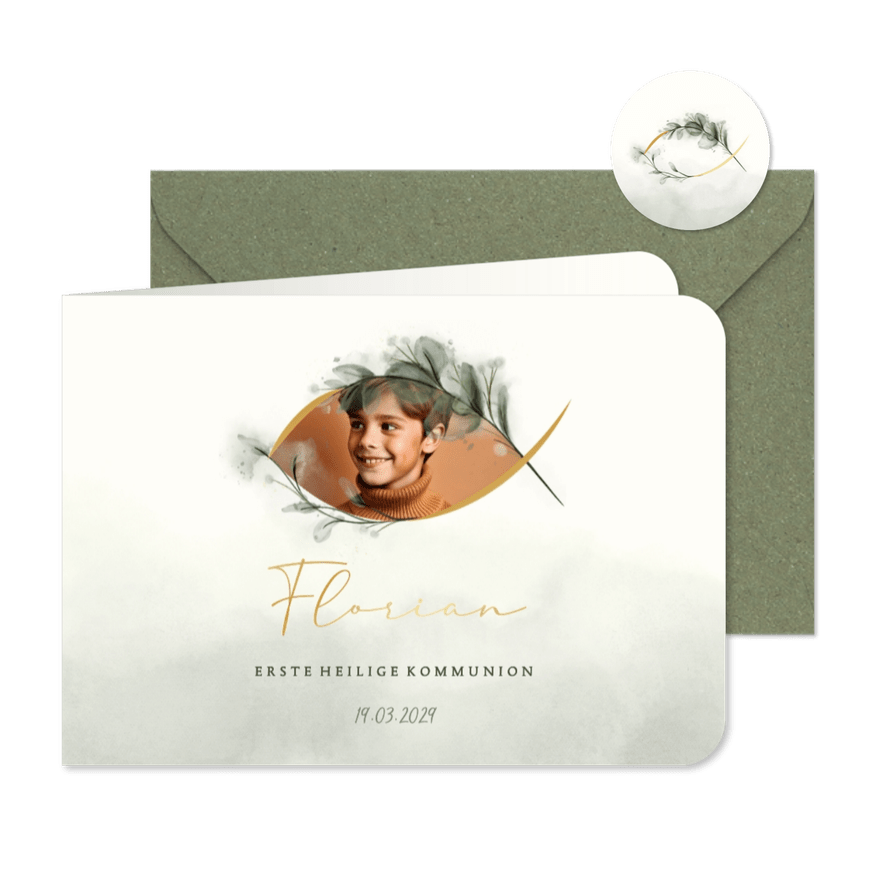 Foto-Einladungskarte Kommunion Ichthys Aquarell - Karteneindruck