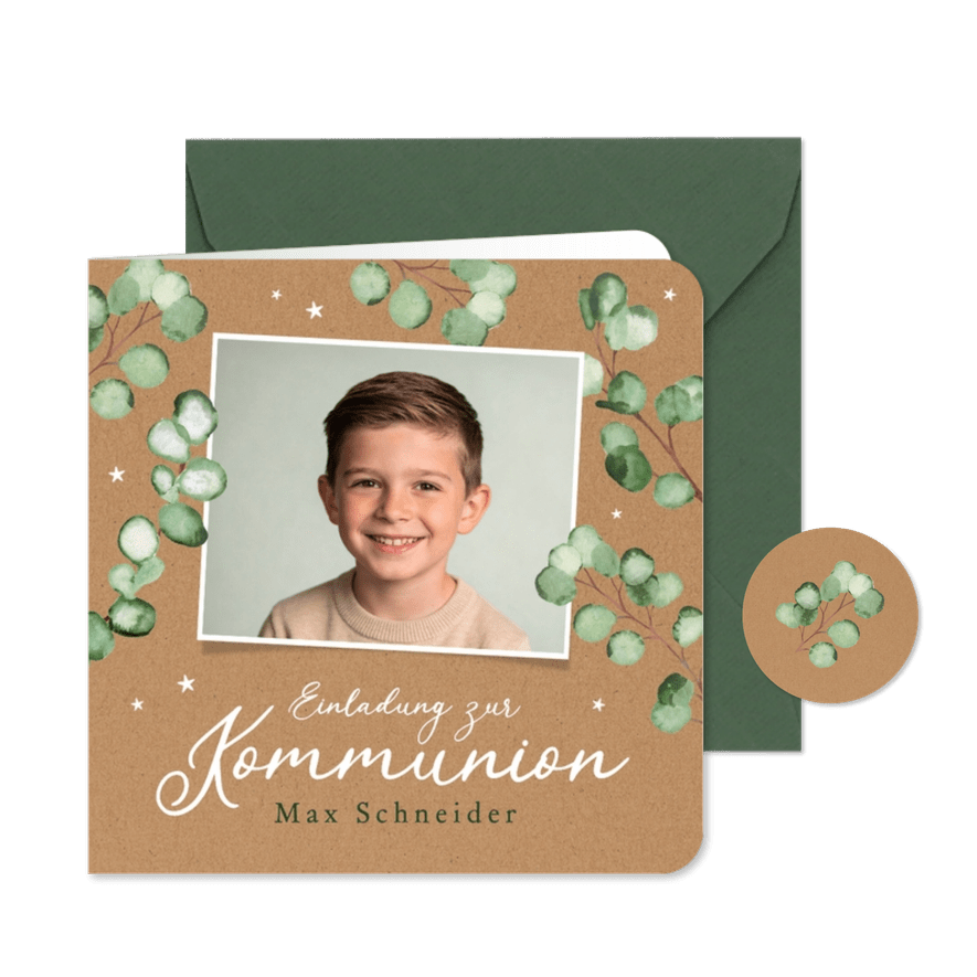 Foto-Einladungskarte Kommunion Kraftpapier Eukalyptus - Karteneindruck
