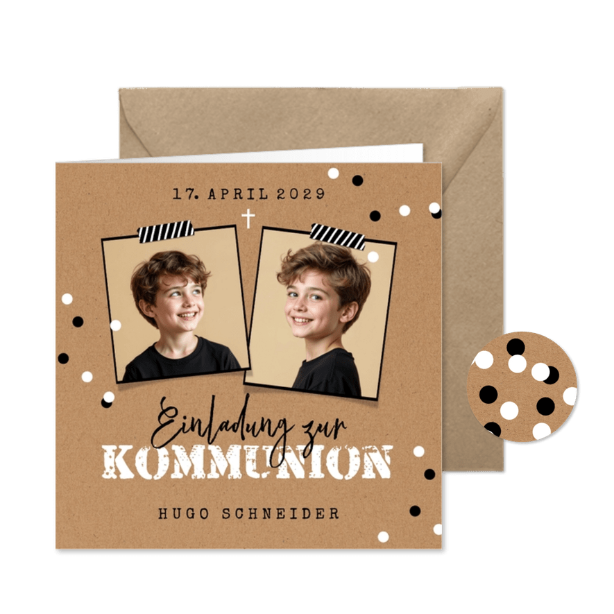 Foto-Einladungskarte Kommunion Kraftpapier Konfetti - Karteneindruck
