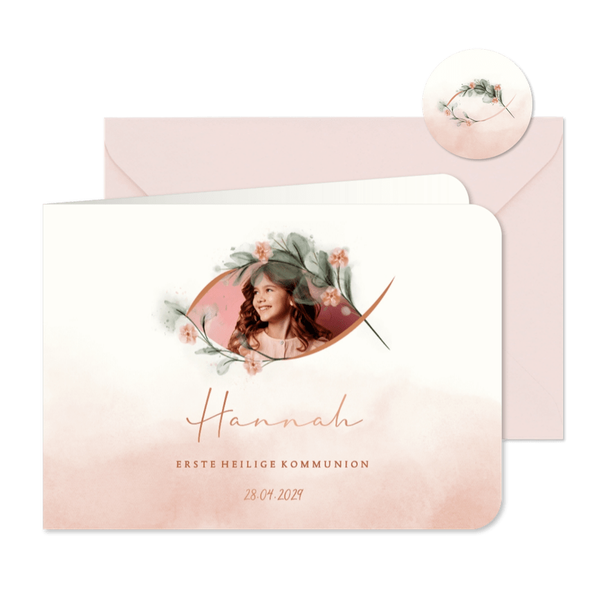 Foto-Einladungskarte Kommunion rosa Aquarell - Karteneindruck
