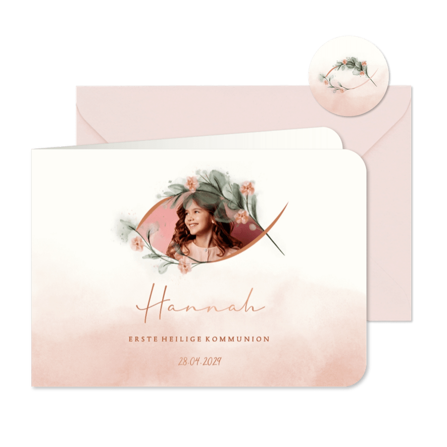 Foto-Einladungskarte Kommunion rosa Aquarell - Karteneindruck