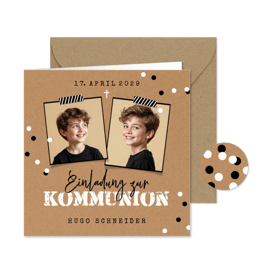 Foto-Einladungskarte Konfetti Kommunion Kraftpapier - Kartenvorschau