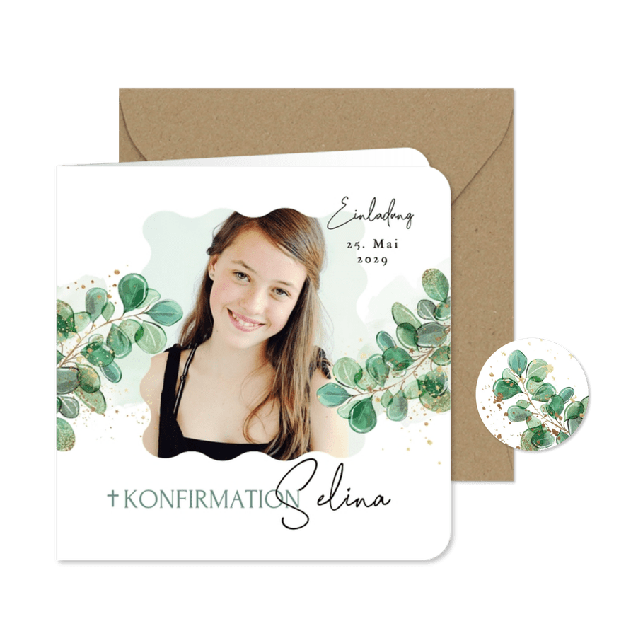 Foto-Einladungskarte Konfirmation Eukalyptus Aquarell - Karteneindruck