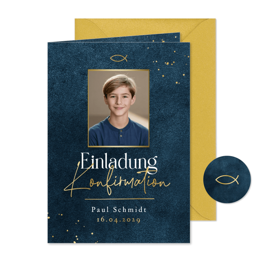 Foto-Einladungskarte Konfirmation Goldschrift dunkelblau - Karteneindruck