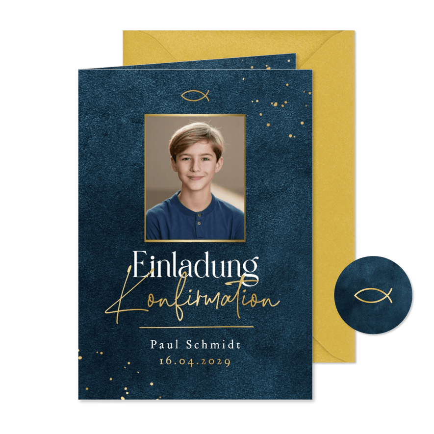 Foto-Einladungskarte Konfirmation Goldschrift dunkelblau - Karteneindruck
