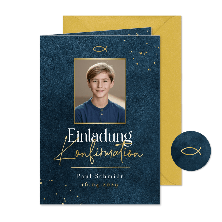 Foto-Einladungskarte Konfirmation Goldschrift dunkelblau - Kartenvorschau