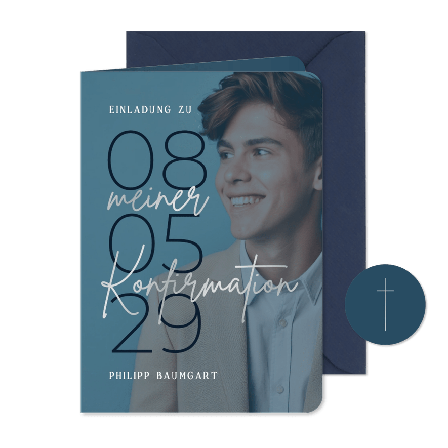 Foto-Einladungskarte Konfirmation silber dunkelblau - Karteneindruck