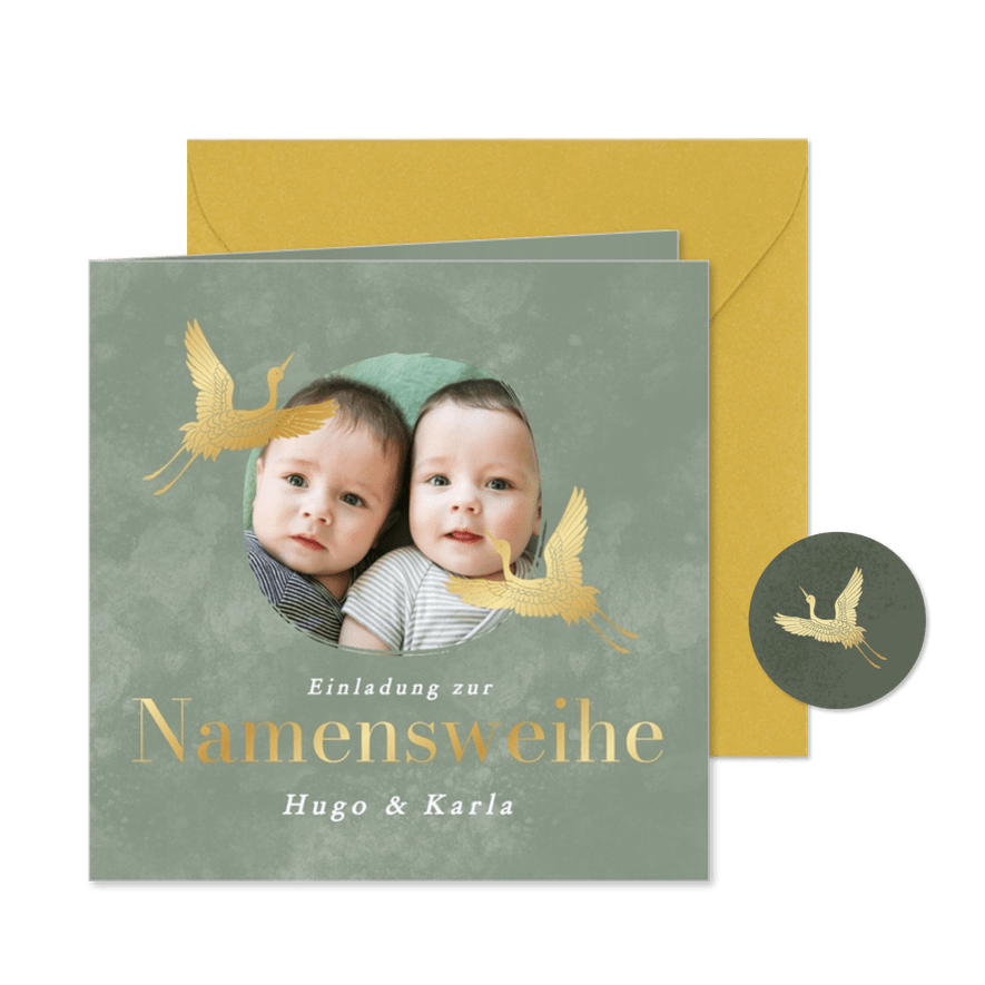 Foto-Einladungskarte Namensweihe Zwillinge Kraniche - Kartenvorschau
