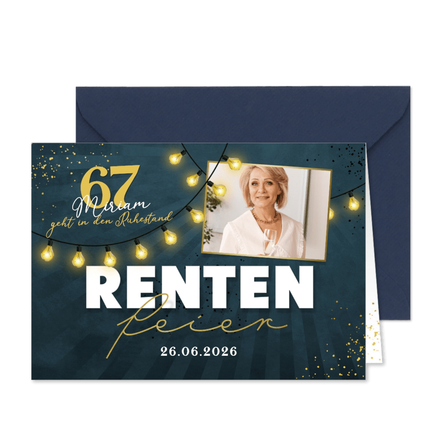 Foto-Einladungskarte Rentenfeier Lichterkette Blau - Kartenvorschau