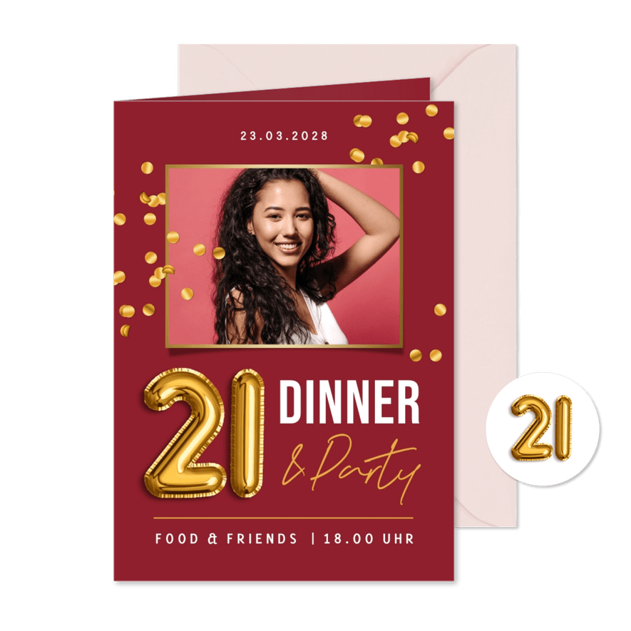 Foto-Einladungskarte rot Twentyone Dinner - Karteneindruck