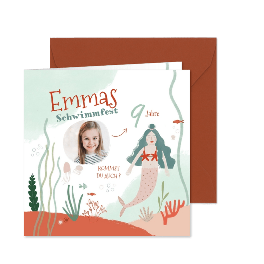 Foto-Einladungskarte Schwimmfest Meerjungfrau 9. Geburtstag - Karteneindruck