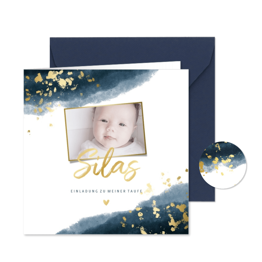 Foto-Einladungskarte Taufe Aquarell dunkelblau - Karteneindruck
