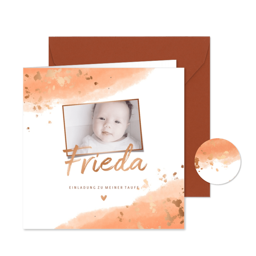 Foto-Einladungskarte Taufe Aquarell lachsrosa - Karteneindruck
