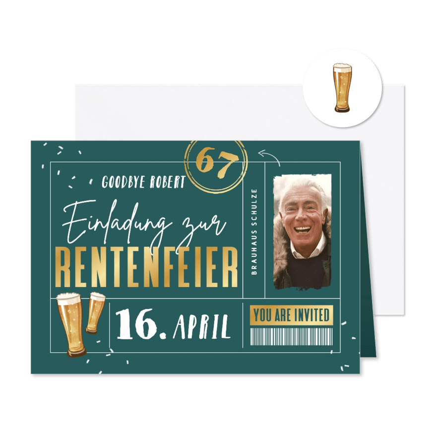Foto-Einladungskarte Ticketlook Rentenfeier Barcode - Karteneindruck