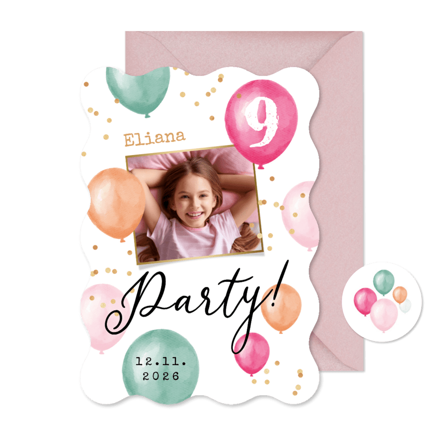 Foto-Einladungskarte Wellenrand Kindergeburtstag Luftballons - Karteneindruck