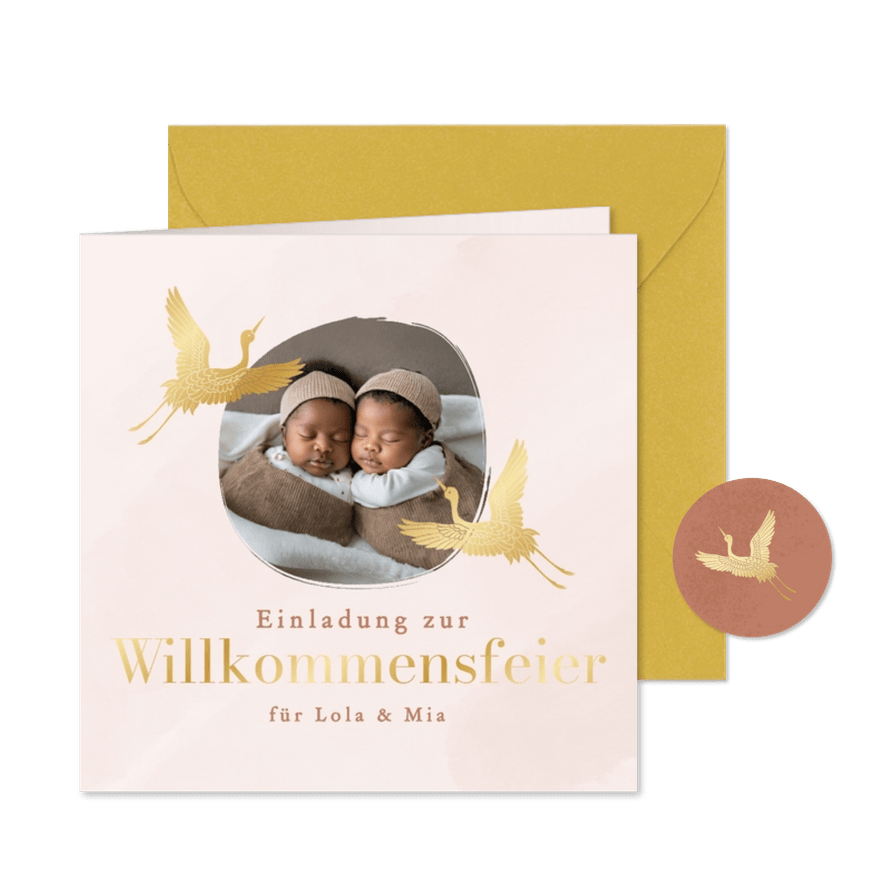 Foto-Einladungskarte Willkommensfest Zwillinge Kraniche  - Karteneindruck
