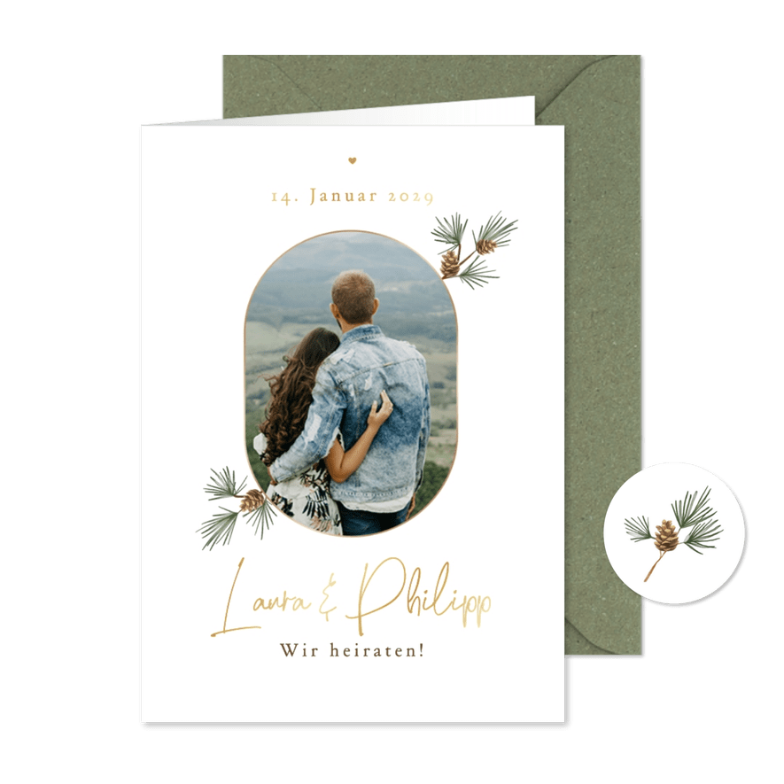 Foto-Einladungskarte Winter Hochzeit Tannenzweige - Karteneindruck
