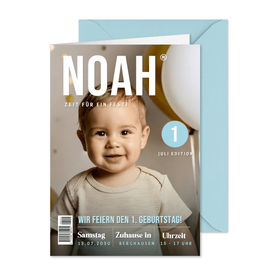 Foto-Einladungskarte Zeitschrift 1. Kindergeburtstag  - Karteneindruck
