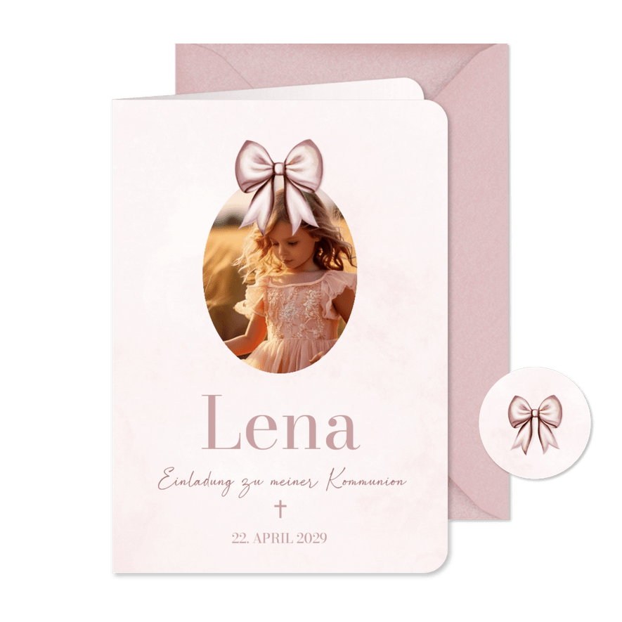 Foto-Einladungskarte zur Kommunion rosa Schleife - Karteneindruck
