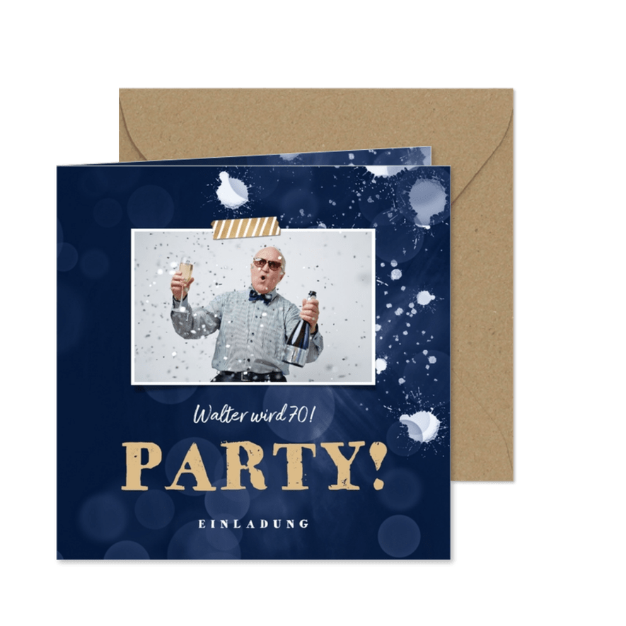 Foto-Einladungskarte zur Party dunkelblau - Karteneindruck
