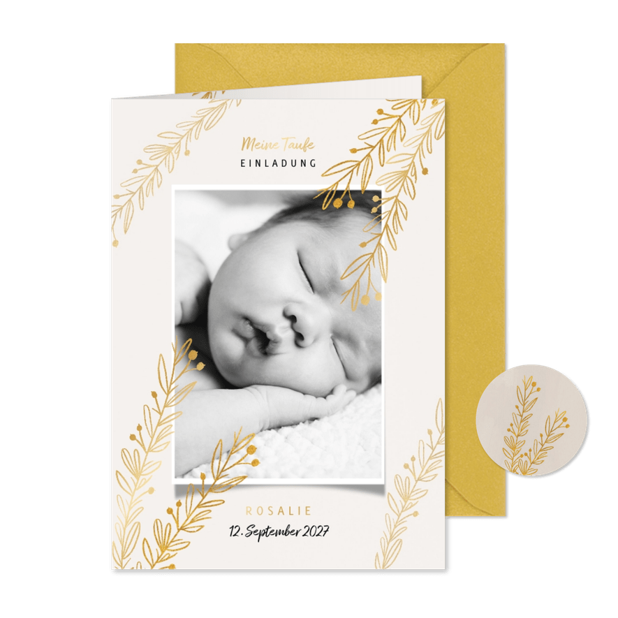 Foto-Einladungskarte zur Taufe botanischer Look - Karteneindruck