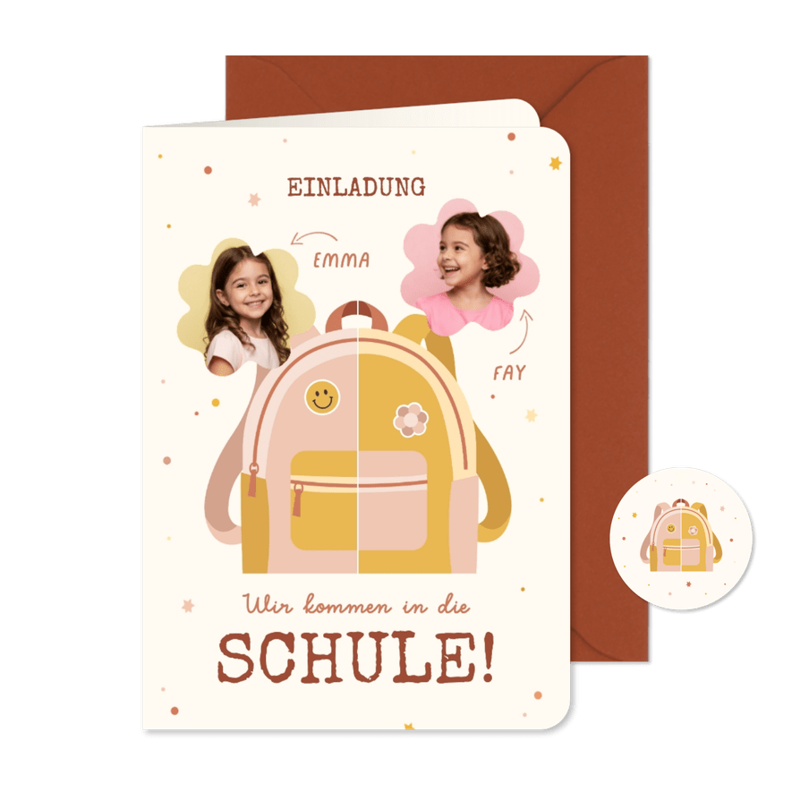 Foto-Einschulungskarte Zwilling rosa-gelber Rucksack - Kartenvorschau