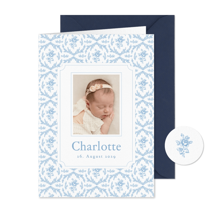 Foto-Geburtskarte blaue Rosen klassisch - Karteneindruck
