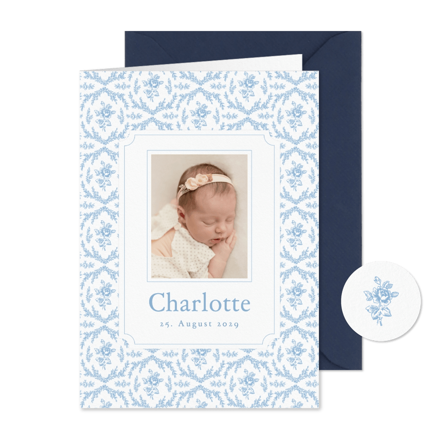 Foto-Geburtskarte blaue Rosen klassisch - Karteneindruck
