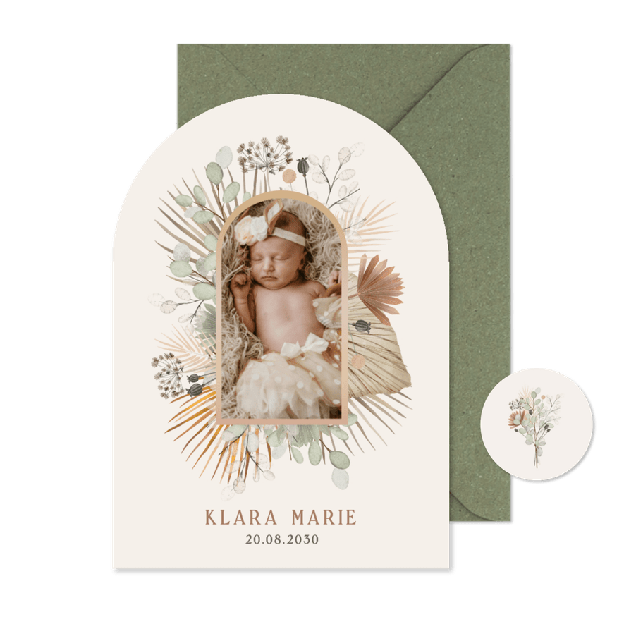 Foto-Geburtskarte Bogenform Blumengesteck Bogen - Karteneindruck