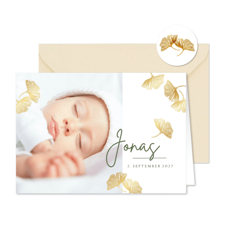 Foto-Geburtskarte Ginkgoblätter gold - Karteneindruck