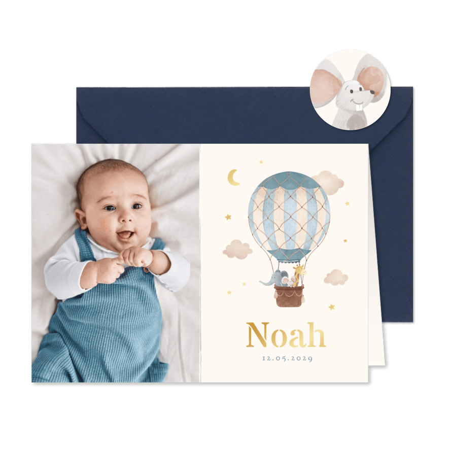 Foto-Geburtskarte Hellblau Heißluftballon und Tieren - Karteneindruck