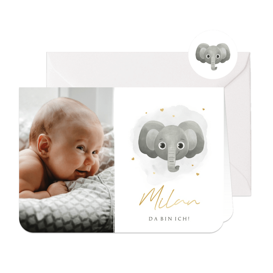 Foto-Geburtskarte mit Elefant & Name in Gold - Karteneindruck
