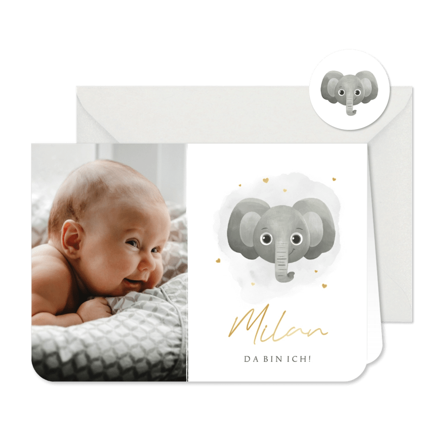 Foto-Geburtskarte mit Elefant & Name in Gold - Karteneindruck