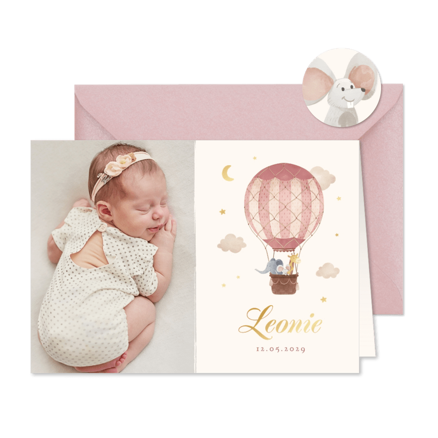 Foto-Geburtskarte mit Heißluftballon und Tieren - Karteneindruck