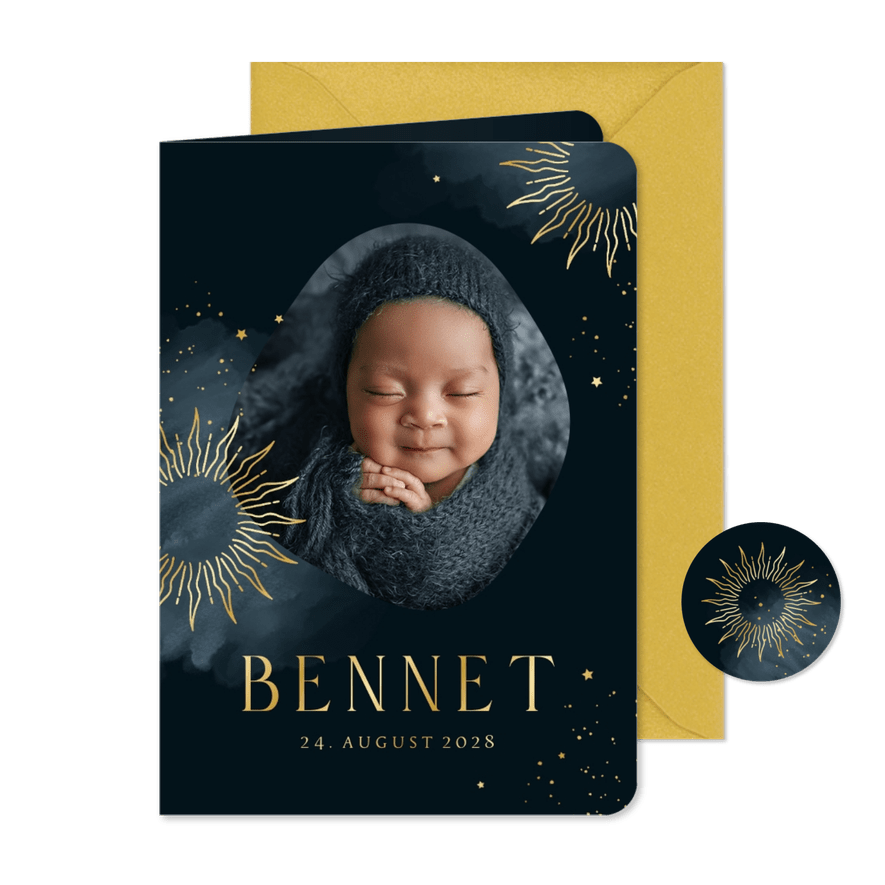 Foto-Geburtskarte nachtblau goldene Sonnen - Karteneindruck
