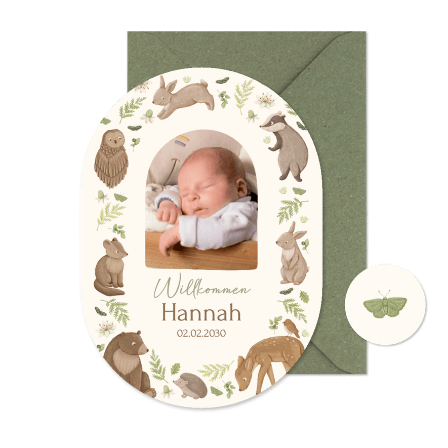 Foto-Geburtskarte Oval Waldtiere und Pflanzen - Karteneindruck