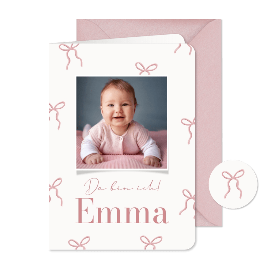 Foto-Geburtskarte rosa Schleifen - Karteneindruck