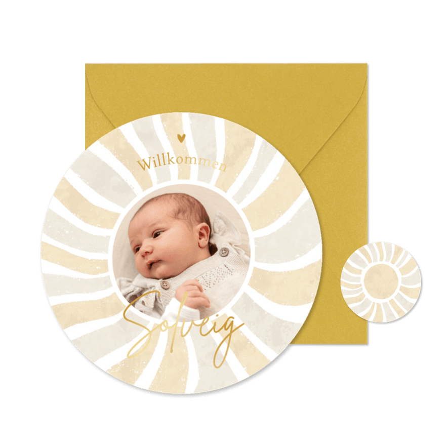 Foto-Geburtskarte Sonne mit Goldschrift - Kartenvorschau
