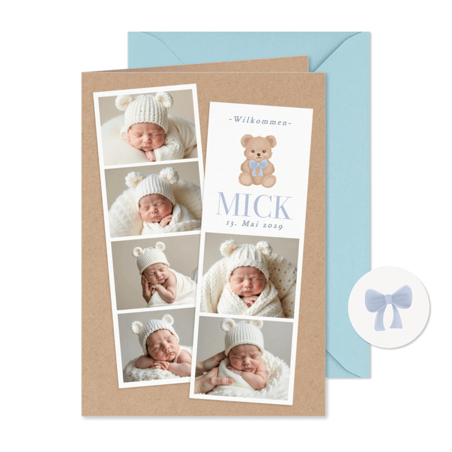 Foto-Geburtskarte Teddybär blau mit Schleife - Karteneindruck