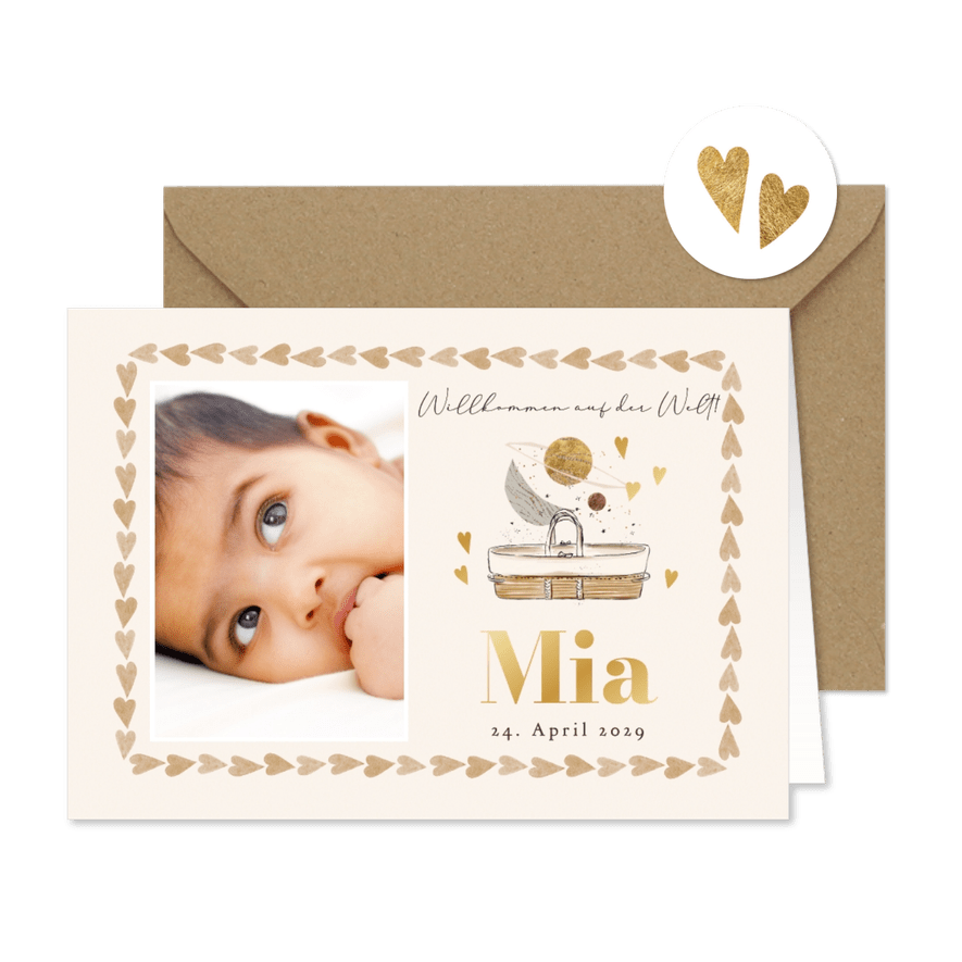 Foto-Geburtskarte Wiege, Mond und Planeten Herzrahmen - Karteneindruck