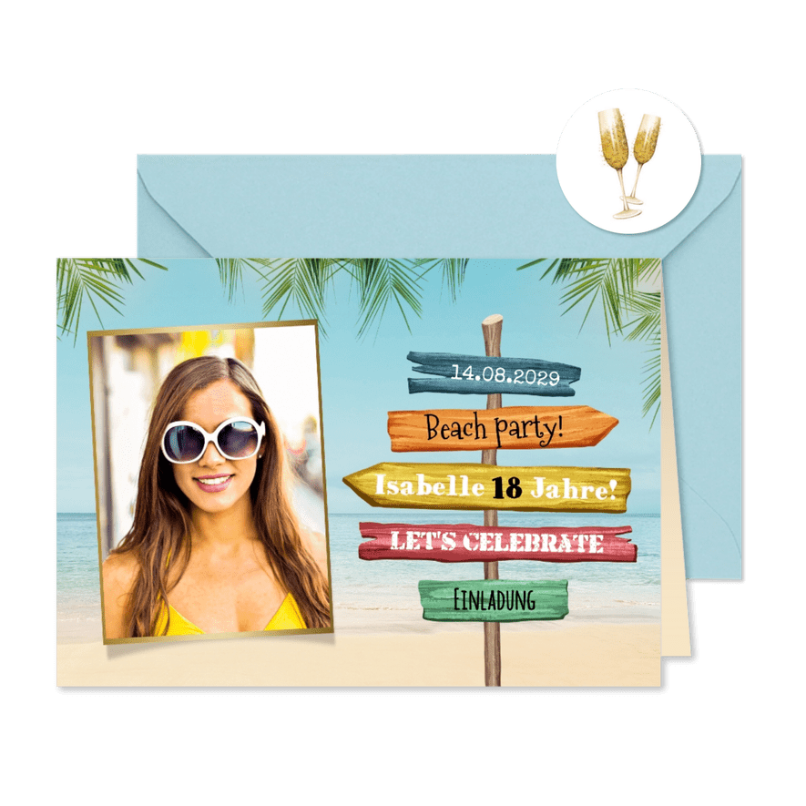 Foto-Geburtstagseinladung Beachparty Strand und Palmen - Karteneindruck
