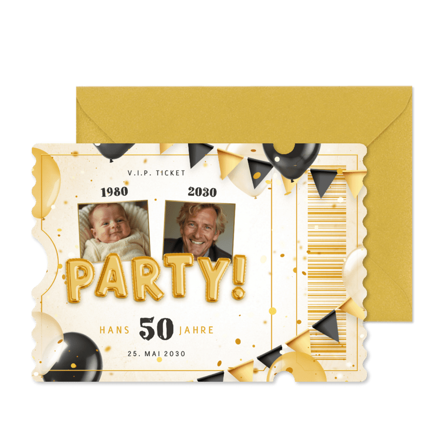 Foto-Geburtstagseinladung Ticket Party Luftballons Wimpel - Karteneindruck
