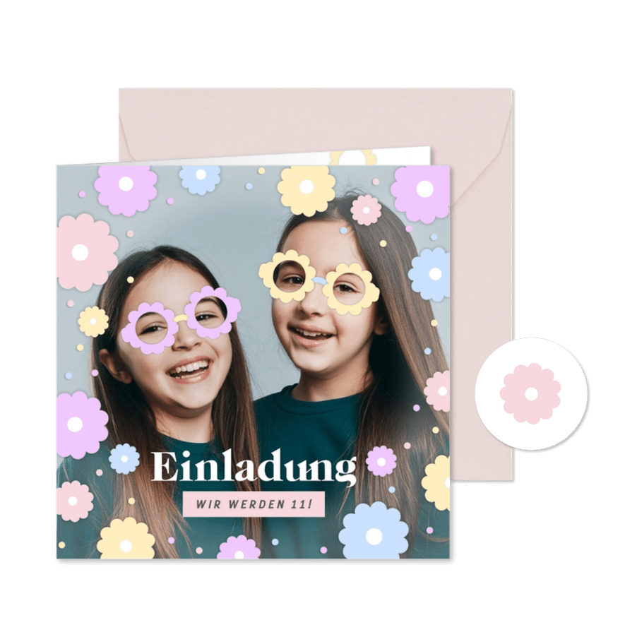 Foto-Geburtstagseinladung Zwillinge Blumen Blumenbrille - Karteneindruck