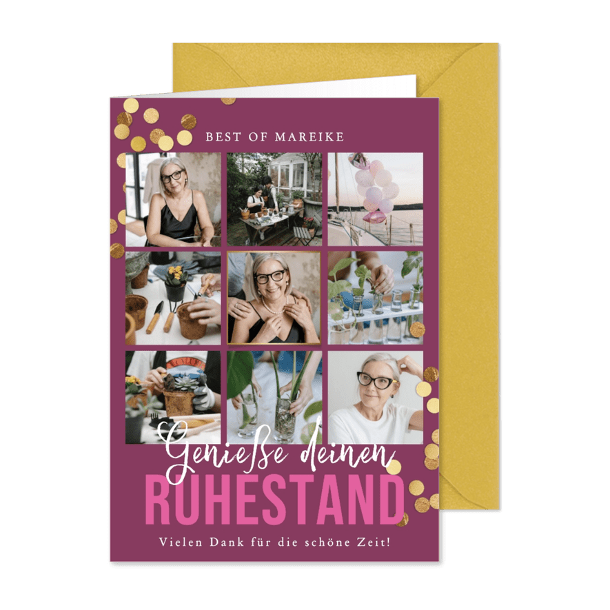 Foto-Glückwunsch zum Ruhestand rosa mit gold Konfetti - Karteneindruck
