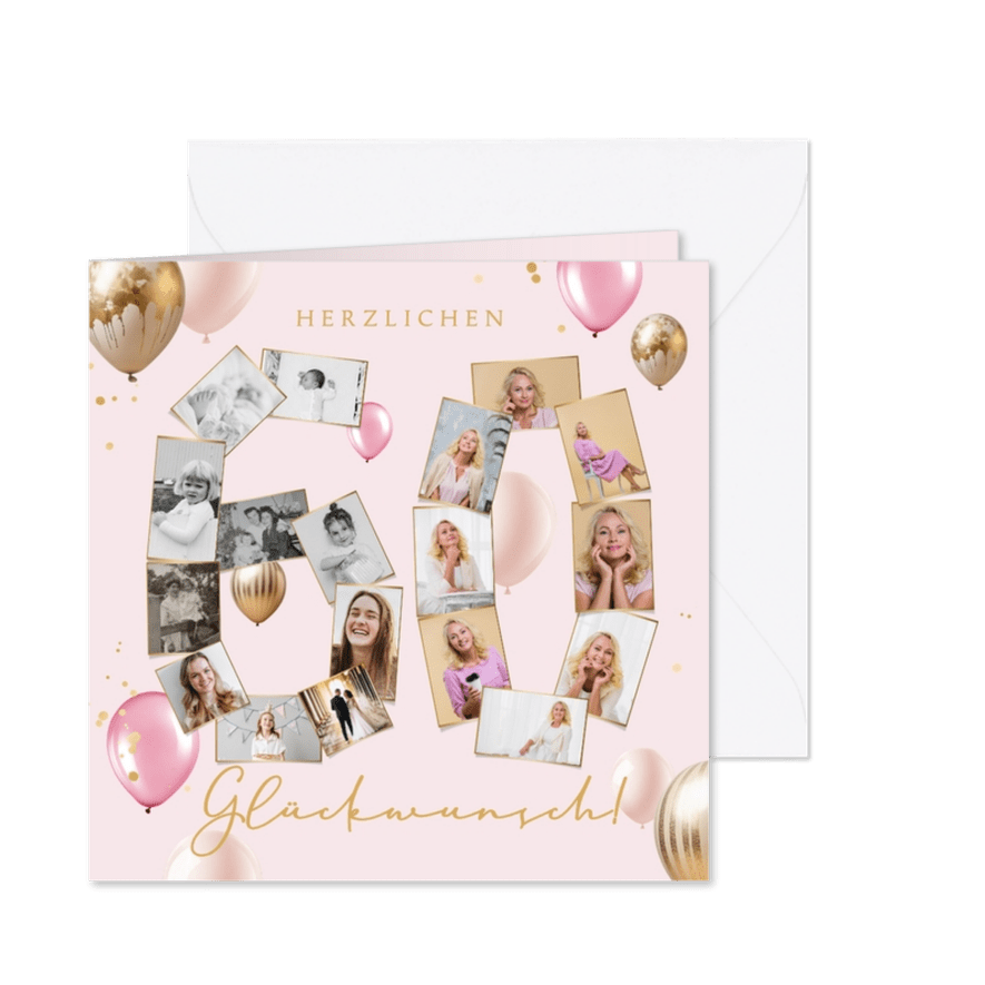 Foto-Glückwunschkarte 60. Geburtstag Collage in Rosa - Karteneindruck